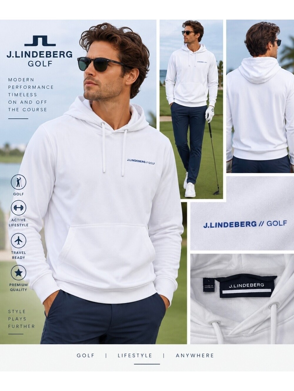 J.Lindeberg Golf Men’s Large White Pullover Hoodie Performance Logo Sweatshirt